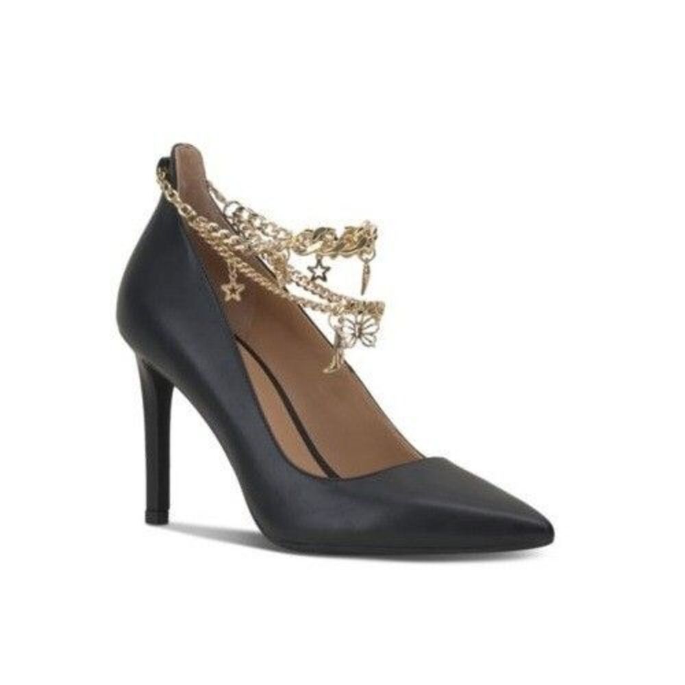 INC Womens 9.5 M Black Syira Gold Charm Chain Stiletto Heel Pumps NIB TG1